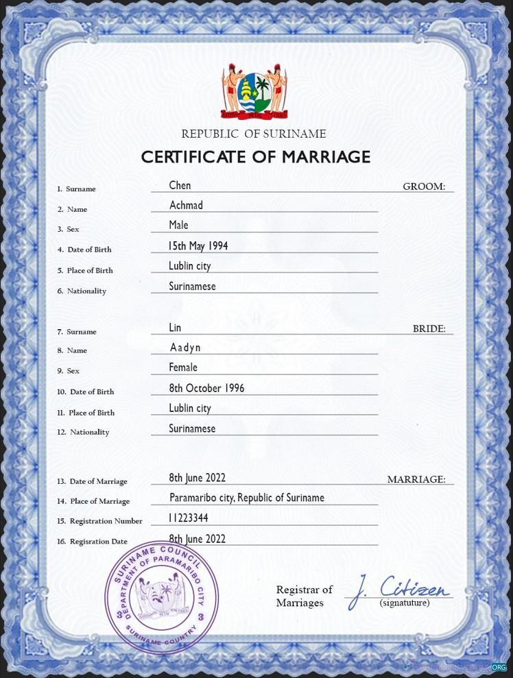 Download Suriname marriage certificate PSD template Photoshop template